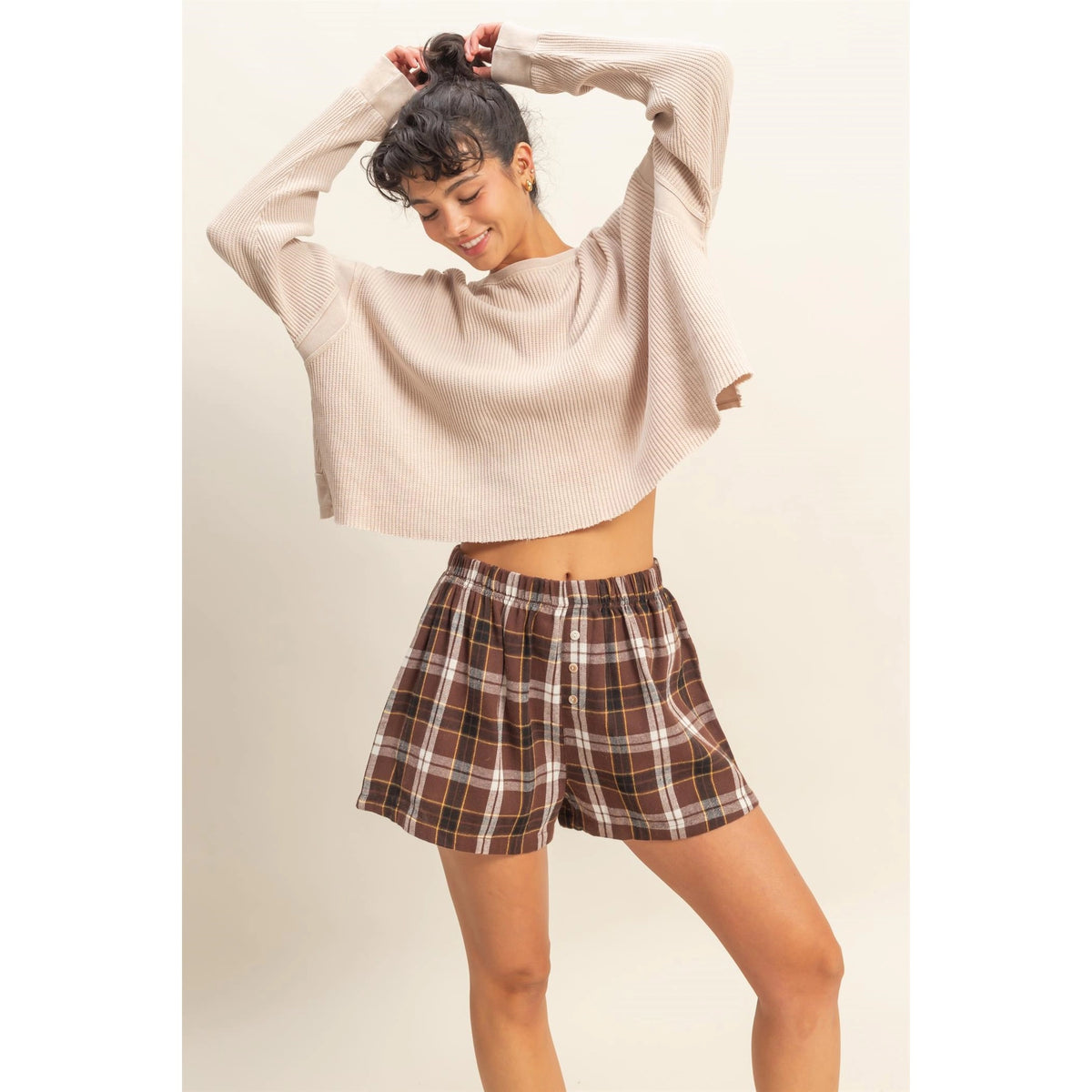 plaid flannel boxer short-brown – Meghan Ashley Designs
